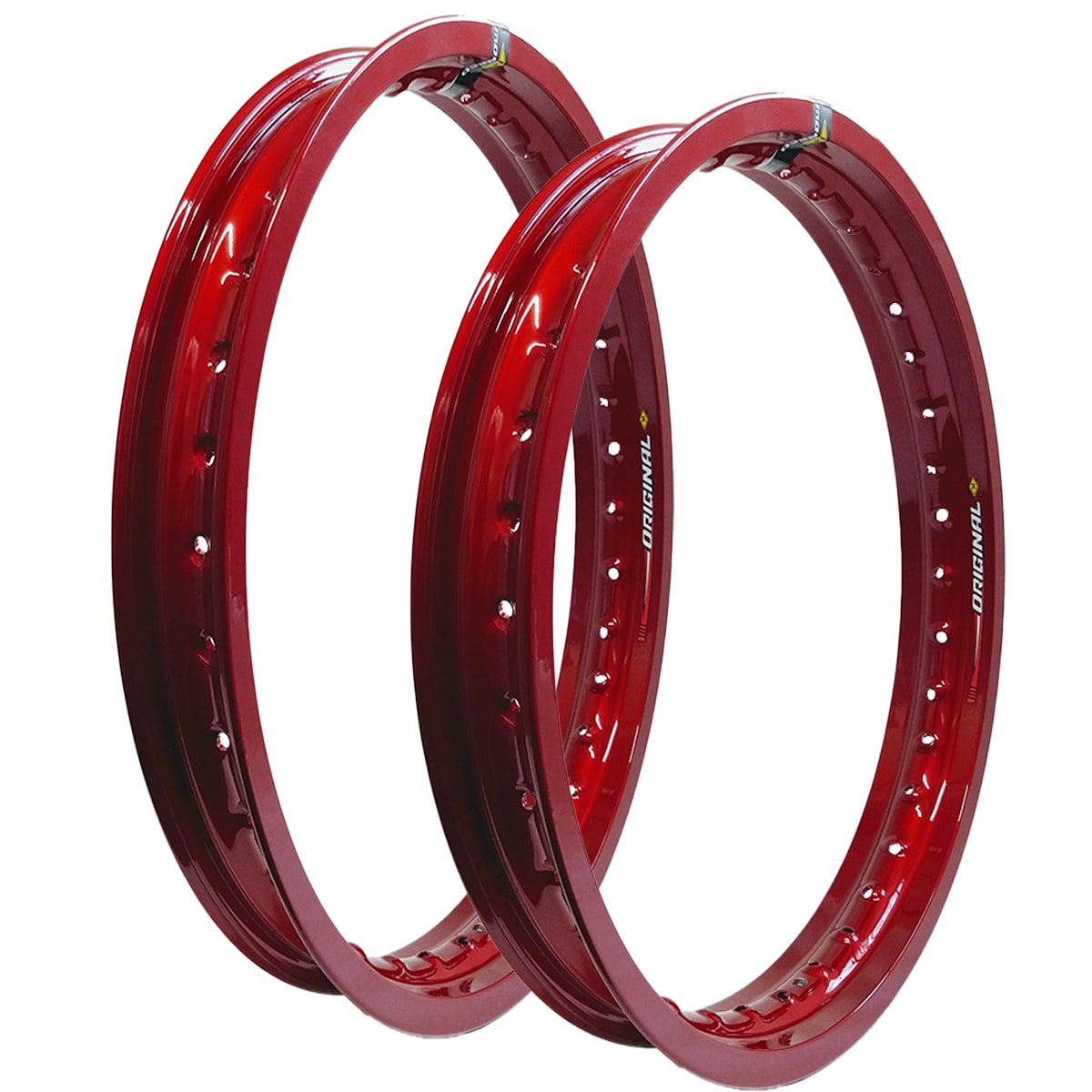 Par de Aros Monaco Dianteiro 21x70 - Traseiro 18x80 Mod. Original 36 Furos Vermelho